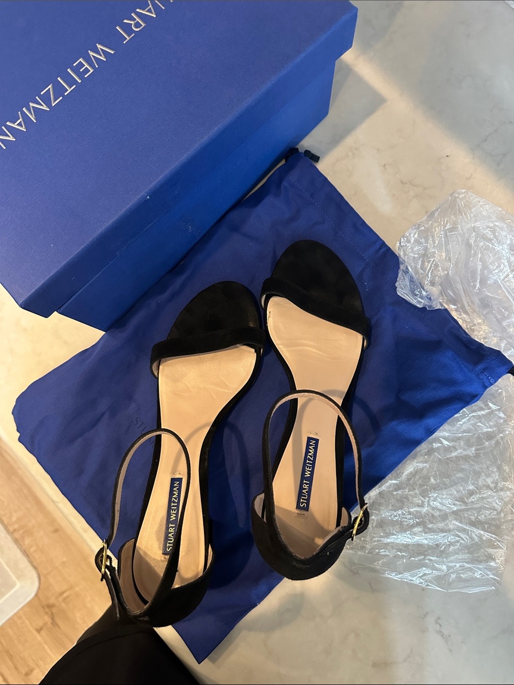 Stuart Weitzman Black Suede Ankle-Strap Open-Toe Sandals